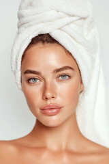 Fresh and radiant beauty captured after a shower with a white towel on the head showcasing natural features