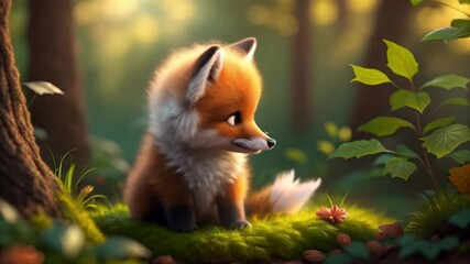 Young cute fox kit sitting in dappled forest light beside green plants