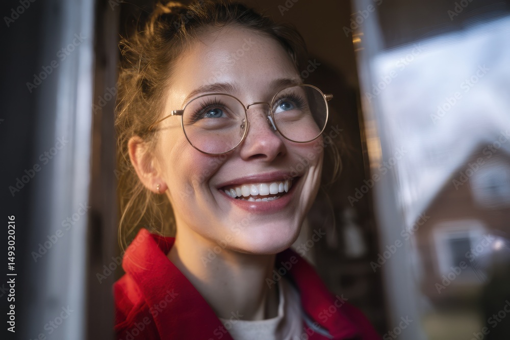 Poster smiling woman with glasses looking upwards, representing optimism and future planning, standing near