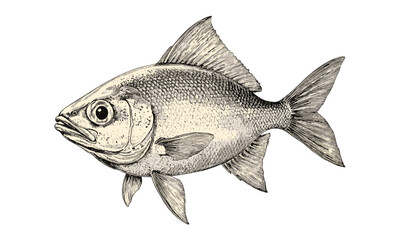 Hand-drawn piranha engraving in school, vintage monochrome fish etching, retro aquatic life art, black sketch, old engraving style, trendy river and ocean decor, classic wildlife illustration