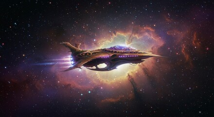 Fototapeta premium Futuristic Starship in Nebula