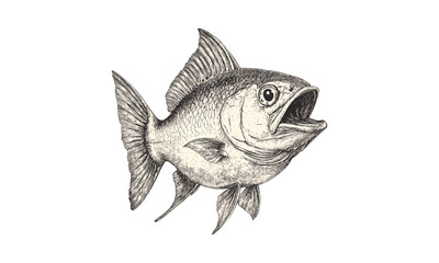 Vintage fish illustration hand-drawn engraving, monochrome piranha sketch, retro aquatic life art for ocean and river decor, trendy old engraving style, classic wildlife drawing
