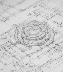 Technical drawing blueprint effect, white background, black lines , artwork, print, creative