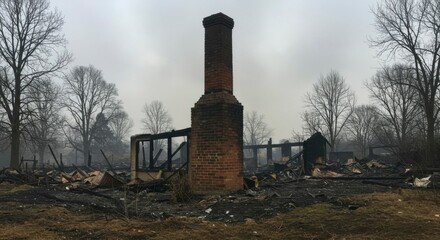 Charred remains of a structure, a lone brick chimney standing amidst the ash and debris.  Trees loom in the background under a grey sky