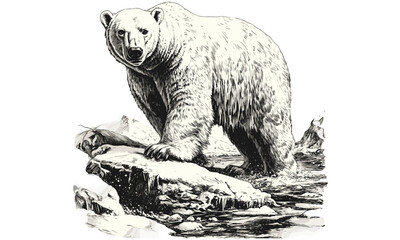 Retro hand-drawn polar bear engraving in ice, vintage monochrome arctic mammal etching, trendy wildlife sketch, winter nature decor, old style animal art, natural environment drawing,
