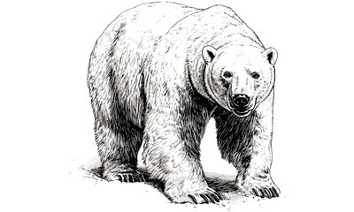 Hand-drawn Polar Bear Engraving in Snow, Monochrome Mammal Line Art, Vintage Wildlife Etching, Rustic Animal Print, Detailed Nature Illustration, Retro Fauna Drawing