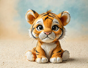 A baby tiger soft toy on a colorful background