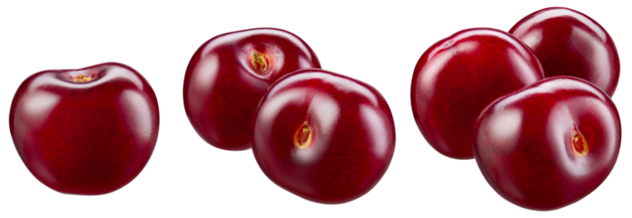 Cherry isolated png. Sour cherry on white or transparent background. Cherries no background collection. Sour cherries png set. Full depth of field.