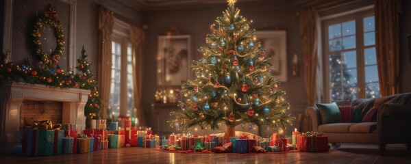 Ornate Christmas tree, vibrant lights, colorful presents ,  christmas gifts,  baubles