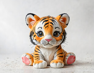 A baby tiger soft toy on a white background