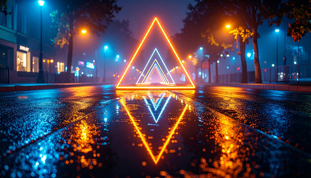 Neon triangular shapes reflected on puddles, night street, wet asphalt. Surreal and futuristic vibe - Powered by Adobe