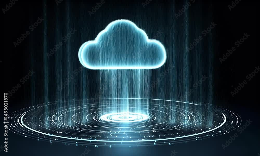Poster cloud technology background with cloud icon in hologram style on black, data center and big clouding