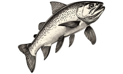 Rainbow trout mid-leap vintage engraving, hand-drawn monochrome freshwater fish illustration, old style wildlife design, river life sketch, trendy fishing art, classic aquatic natural history