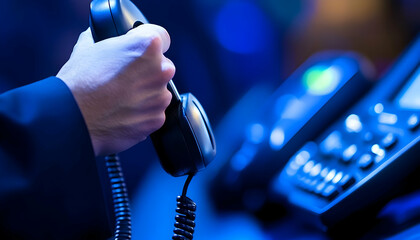 Hands holding phone, business office