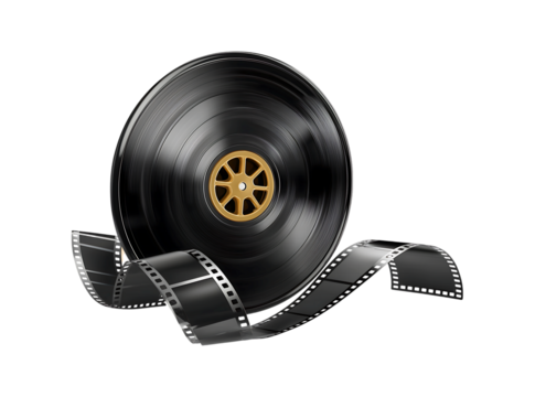 35mm film strip with vinyl record isolated on a transparent background