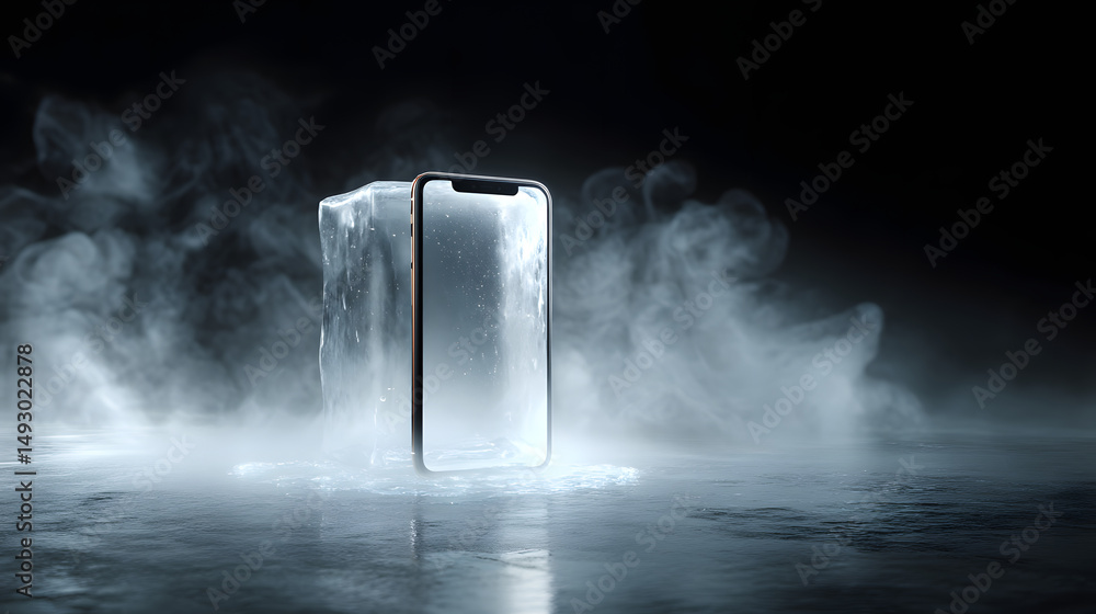 Poster frozen brilliance: a smartphone is encased in a translucent block of ice, its sleek form highlighted