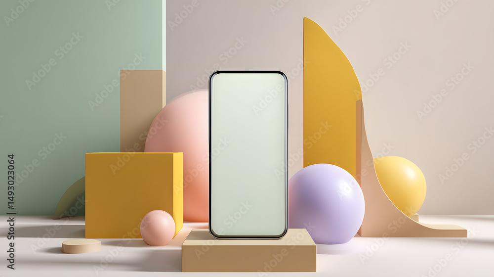 Poster smartphone display and abstract shapes: modern smartphone with a blank screen, presented amidst a co