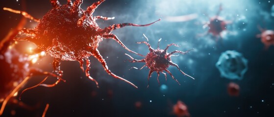 Microscopic View of Cancer Cells Spreading in Body Fluid; Medical Illustration of Disease Progression and Treatment Research