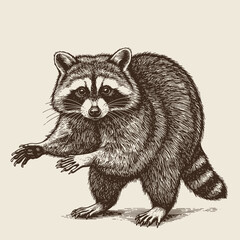 Fototapeta premium Raccoon standing with outstretched paws on light background