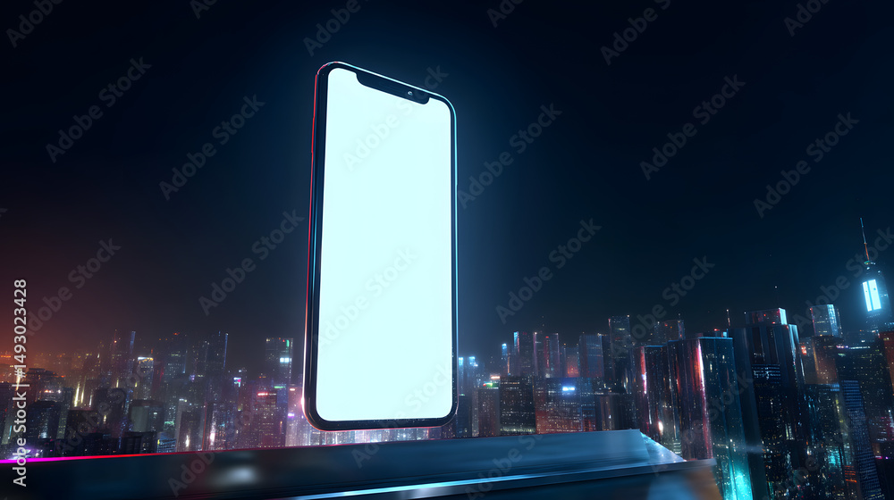 Poster smart device in a cyber city: the cutting-edge design of a smart device is presented with a blank sc