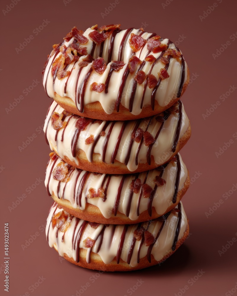 Aufkleber stack of four gourmet donuts with maple icing chocolate drizzle and bacon bits studio shot on brown
