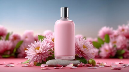Pink perfume bottle with flowers
