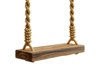 Wooden oak board swing with rope, isolated on a transparent background