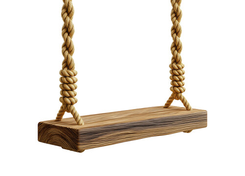 Wooden oak board swing with rope, isolated on a transparent background