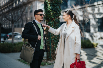 Naklejka premium Business people interact outdoors on a sunny day in a city environment, showcasing casual professional attire and discussing work, while surrounded by green foliage and modern architectural elements.