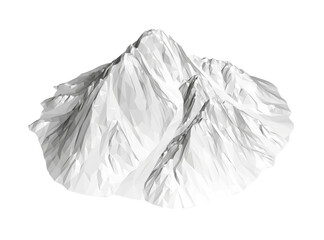 Obraz premium A mountain is shown in a white background. The mountain is very tall and has a very steep slope. The mountain is covered in snow and ice, giving it a very cold and harsh appearance