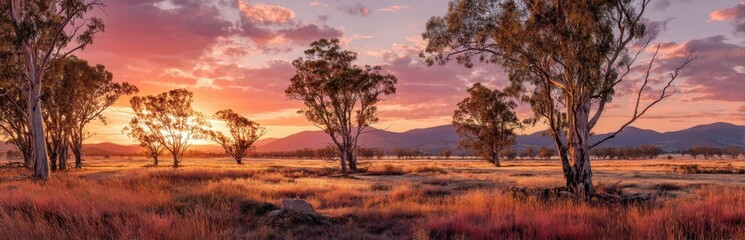 Obraz premium Sunrise over grassy field with eucalyptus trees