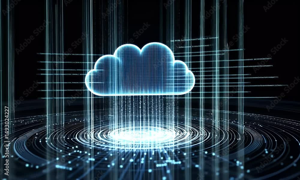 Aufkleber cloud technology background with cloud icon in hologram style on black, data center and big clouding