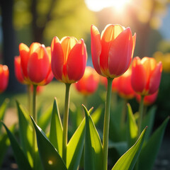 Fototapeta premium Colorful tulips in bloom during sunset creating a vibrant garden atmosphere