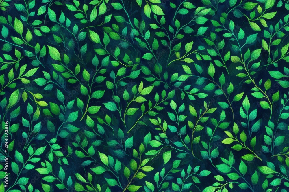 Poster lush green leaves and branches pattern on dark background seamless botanical design overhead view