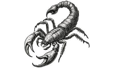 Obraz premium Retro scorpion engraving, vintage hand-drawn arachnid with curved tail, antique insect drawing, monochrome desert wildlife sketch, old engraving style, trendy natural history illustration