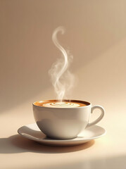 A steaming cup of coffee with swirling cream on a light background very nice image.