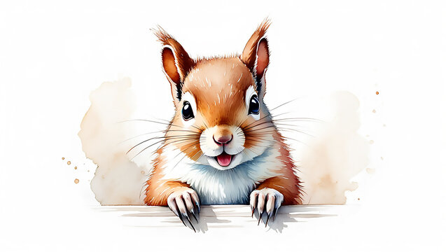Curious Watercolor Squirrel Rabit Over Edge
