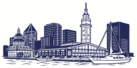 Baltimore vector skyline silhouette with the Inner Harbor, Transamerica Tower, and National Aquarium.