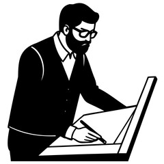 Vector Drawing of Architect Man with Beard Glasses and Blueprint Transparent Backgroun