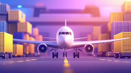 Fototapeta premium Whimsical animated airplane flying above colorful cargo yard business transport scene vibrant environment digital art perspective