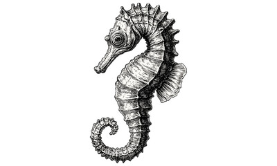 Vintage Hand-drawn Engraving of Seahorse Swimming, Monochrome Marine Line Art, Nautical Wildlife Illustration, Rustic Ocean Life Etching, Black Sketch, Nature Print © Vintage Studio