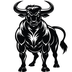 Powerful Black Bull Muscular Strength and Majestic Horns