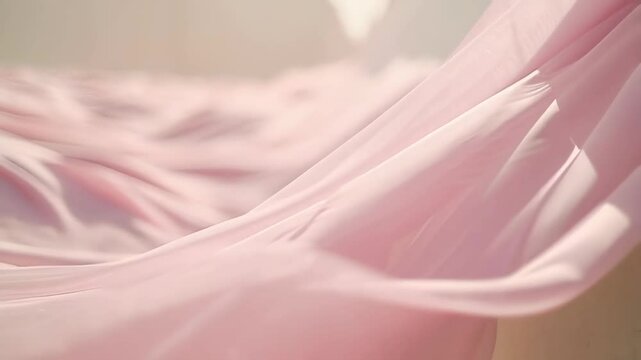 Gentle folds of soft, flowing, light pink fabric under natural light creating a calming, feminine abstract texture background.