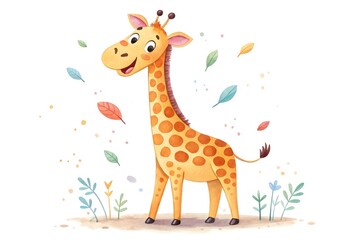 Obraz premium Adorable Watercolor Illustration of a Happy Giraffe in a Whimsical Garden Setting