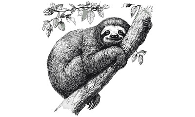 Vintage Hand-drawn Engraving of Sloth on Tree, Monochrome Etching Style, Jungle Mammal Illustration, Rainforest Animal Print, Nature Decor, Black Sketch, Wildlife Art © Vintage studio