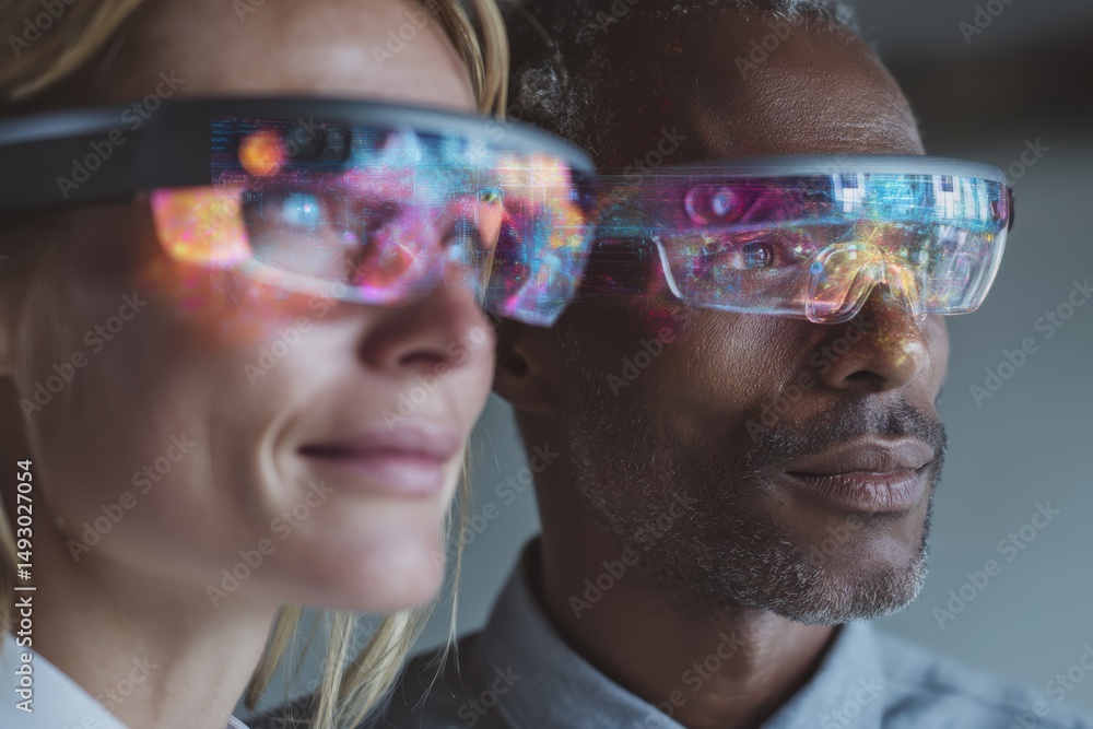 Aufkleber diverse team wearing augmented reality glasses, visualizing future technology and digital transforma