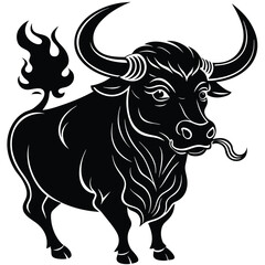 Fiery Bull Black and White Stylized Illustration