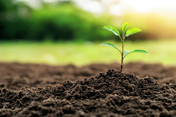 Young plant emerges from rich soil, symbolizing growth and sustainability in natural environment