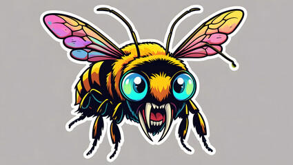 A creepy bee with eyes shining with mystical energy. The bee opens its mouth, showing its sharp teeth. Designed in cartoon sticker style.
