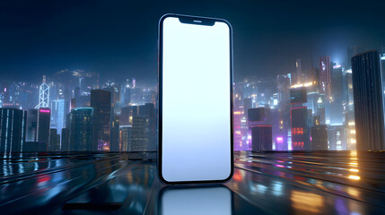 Digital Nexus: A sleek smartphone takes center stage, its screen displaying a vibrant and futuristic cityscape, inviting you into a world of seamless connection and cutting-edge technology.